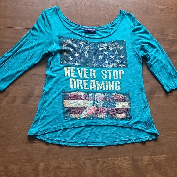 Y2K turquoise blue Top Never Stop Dreaming Patriotic Flag Size S 4th of July - Picture 11 of 16